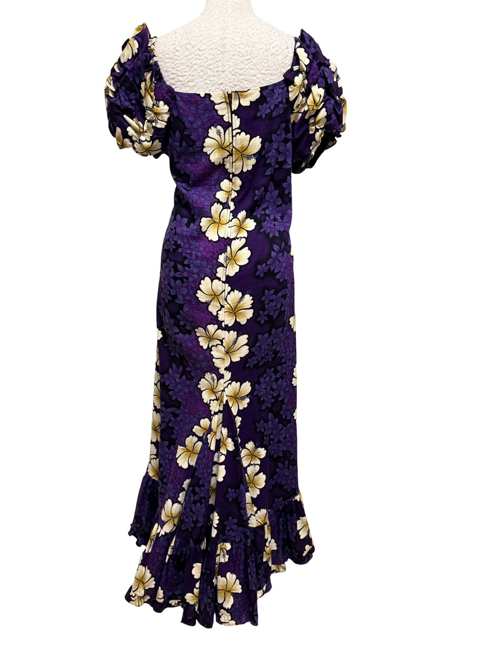 Vintage 80s 90s Hilo Hattie Purple Floral Puff-Sleeve Maxi with Cream Hibiscus